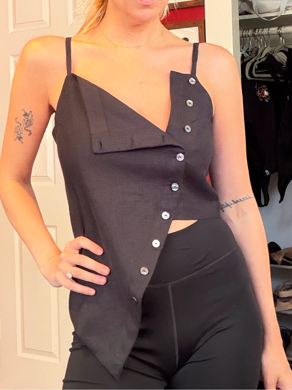 RUMPOEY Handmade in Thailand!!  Asymmetrical Black Button-Front Tank Top